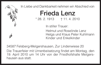 Todesanzeige von Frieda Lenz von HNA
