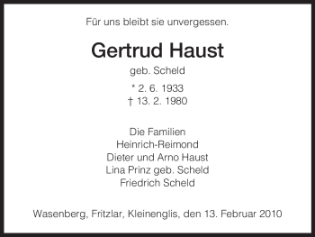 Todesanzeige von Gertrud Haust von HNA
