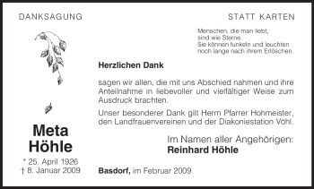 Todesanzeige von Meta Höhle von HNA