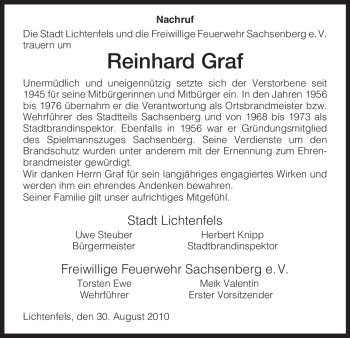 Todesanzeige von Reinhard Graf von HNA