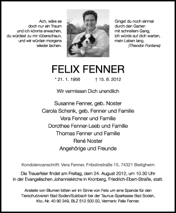 Todesanzeige von Felix Fenner von HNA