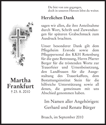 Todesanzeige von Martha Frankfurt von HNA