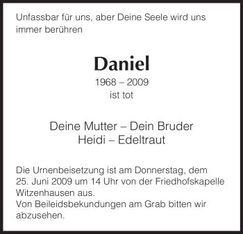 Todesanzeige von Daniel Unbekannt von HNA
