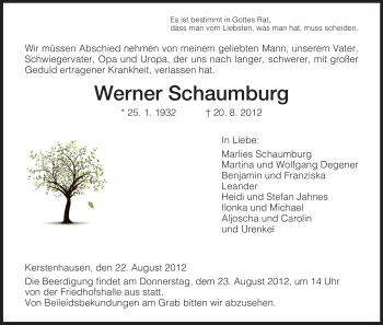 Todesanzeige von Werner Schaumburg von HNA