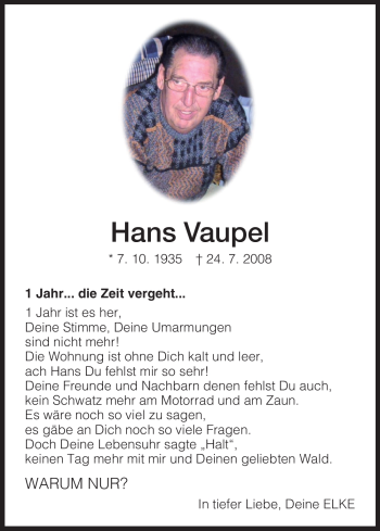Todesanzeige von Hans Vaupel von HNA