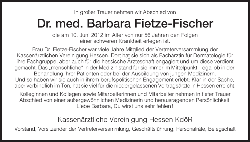 Traueranzeige für Barbara Fietze-Fischer vom 19.06.2012 aus HNA