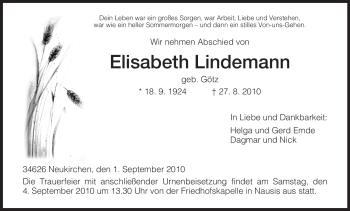 Todesanzeige von Elisabeth Lindemann von HNA