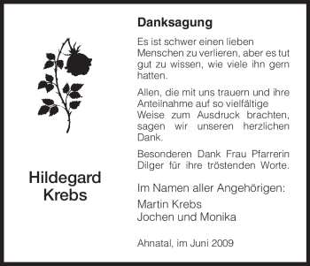 Todesanzeige von Hildegard Krebs von HNA