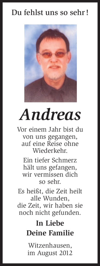 Todesanzeige von Andreas Unbekannt von HNA