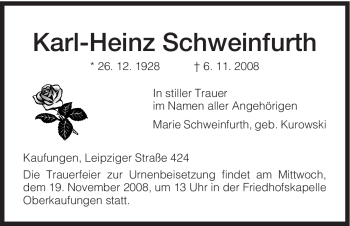 Todesanzeige von Karl-Heinz Schweinfurth von HNA