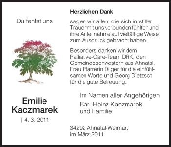 Todesanzeige von Emilie Kaczmarek von HNA