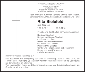 Todesanzeige von Rita Bielefeld von HNA