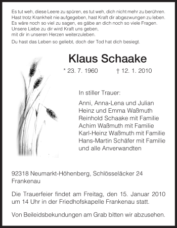 Todesanzeige von Klaus Schaake von HNA
