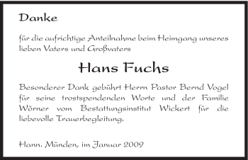 Todesanzeige von Hans Fuchs von HNA