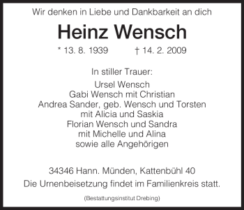 Todesanzeige von Heinz Wensch von HNA