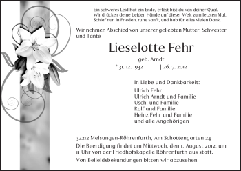 Todesanzeige von Lieselotte Fehr von HNA