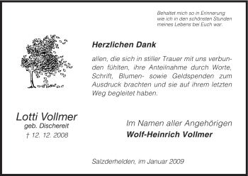 Todesanzeige von Lotti Vollmer von HNA