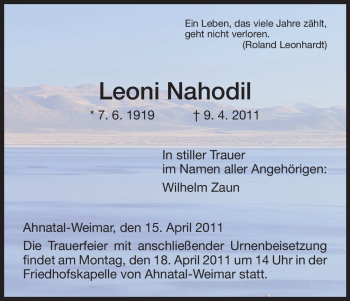 Todesanzeige von Leoni Nahodil von HNA