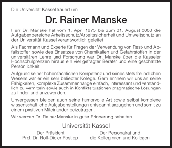 Todesanzeige von Rainer Manske von HNA