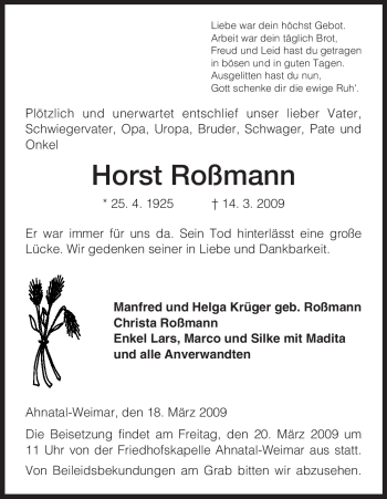 Todesanzeige von Horst Roßmann von HNA