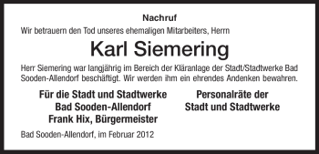 Todesanzeige von Karl Siemering von HNA