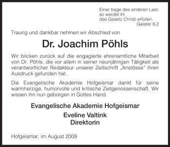 Todesanzeige von Joachim Pöhls von HNA