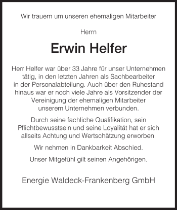 Todesanzeige von Erwin Helfer von HNA