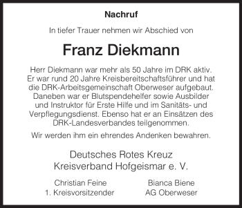 Todesanzeige von Franz Diekmann von HNA