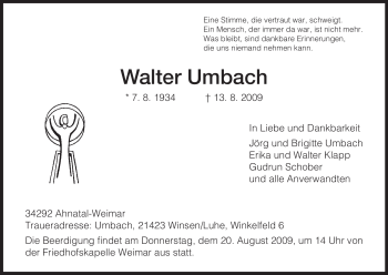 Todesanzeige von Walter Umbach von HNA