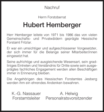 Todesanzeige von Hubert Hemberger von HNA