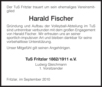 Todesanzeige von Harald Fischer von HNA