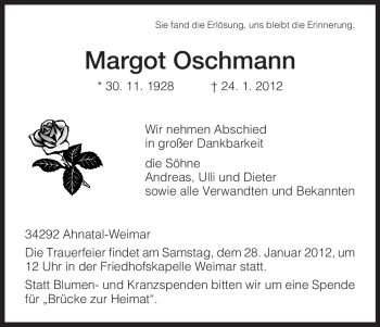 Todesanzeige von Margot Oschmann von HNA