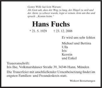 Todesanzeige von Hans Fuchs von HNA