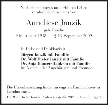 Todesanzeige von Anneliese Janzik von HNA