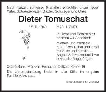 Todesanzeige von Dieter Tomuschat von HNA
