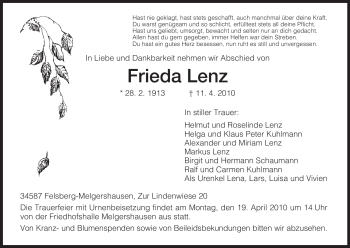 Todesanzeige von Frieda Lenz von HNA