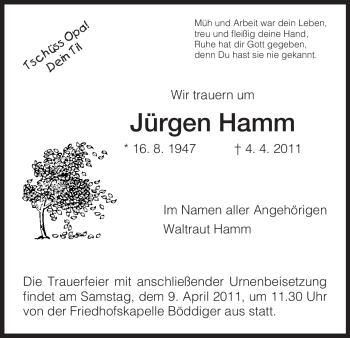 Todesanzeige von Jürgen Hamm von HNA