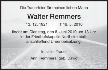 Todesanzeige von Walter Remmers von HNA