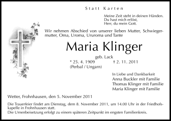 Todesanzeige von Maria Klinger von HNA