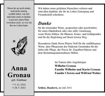 Todesanzeige von Anna Gronau von HNA