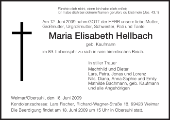 Todesanzeige von Maria Elisabeth Hellbach von HNA