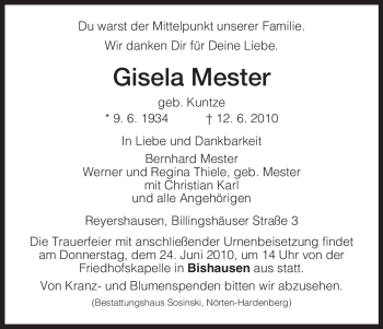 Todesanzeige von Gisela Mester von HNA