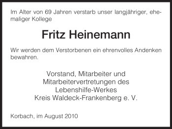 Todesanzeige von Fritz Heinemann von HNA
