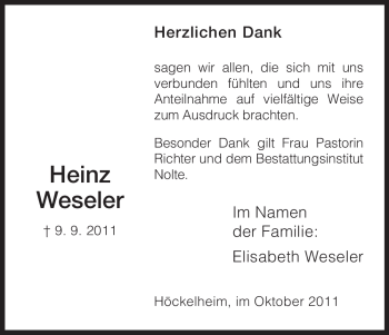 Todesanzeige von Heinz Weseler von HNA