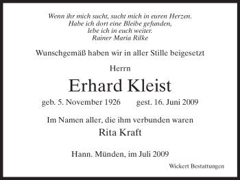 Todesanzeige von Erhard Kleist von HNA