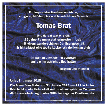 Todesanzeige von Tomas Brat von HNA