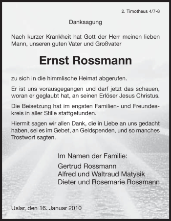 Todesanzeige von Ernst Rossmann von HNA