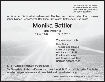 Todesanzeige von Monika Sattler von HNA
