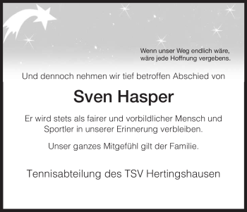 Todesanzeige von Sven Hasper von HNA