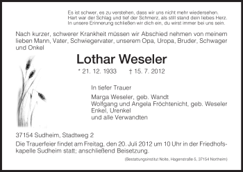 Todesanzeige von Lothar Weseler von HNA